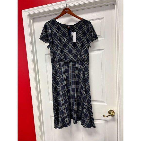 Unique Vintage Navy Plaid Keyhole Tie Front Dress sz XL NWT - Picture 1 of 8